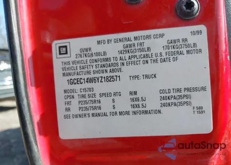 2000 Chevrolet Silverado 1500 из США, поврежденный, VIN 1GCEC14W6YZ182571